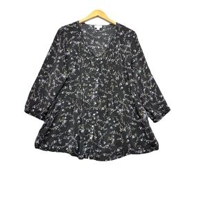 J. Jill Top Large Floral Printed Pintuck Lightweight Black Button Career Blouse